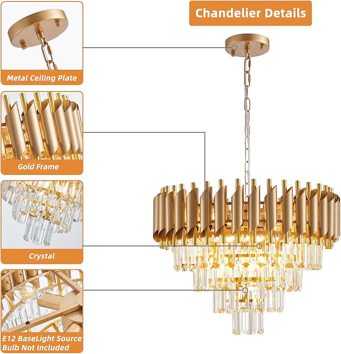 Modern Crystal Chandelier Gold Chandeliers 4-Tier 20 Inch Round Hanging Crystal Pendant 7 Lights Fixture for Dining Room Bedroom Living Room Farmhouse