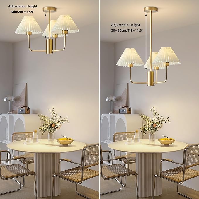 KCO Lighting 3-Lights Pleated Chandelier White Fabric Pendant Light Fixtures Mid Century Modern Gold Sputnik Chandelier Vintage Classic Chandeliers for Dining Room Bedroom