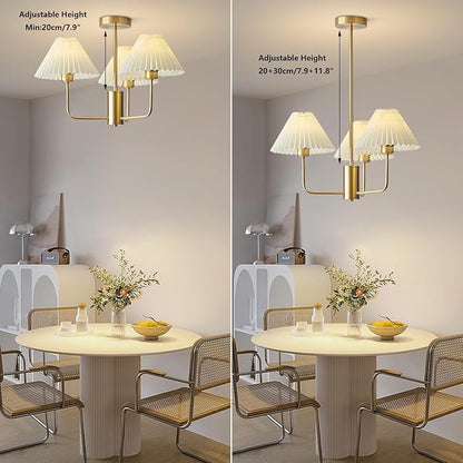 KCO Lighting 3-Lights Pleated Chandelier White Fabric Pendant Light Fixtures Mid Century Modern Gold Sputnik Chandelier Vintage Classic Chandeliers for Dining Room Bedroom