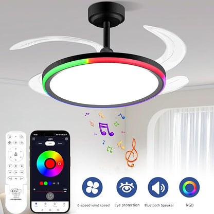 BAYSQUIRREL Slim Retractable Ceiling Fan with Light and APP/Remote Control, 42in Modern Smart RGB Ceiling Fan with Bluetooth Speaker, Dimmable Full Spectrum with Memory, 6-Speed Reversible Fan, Black