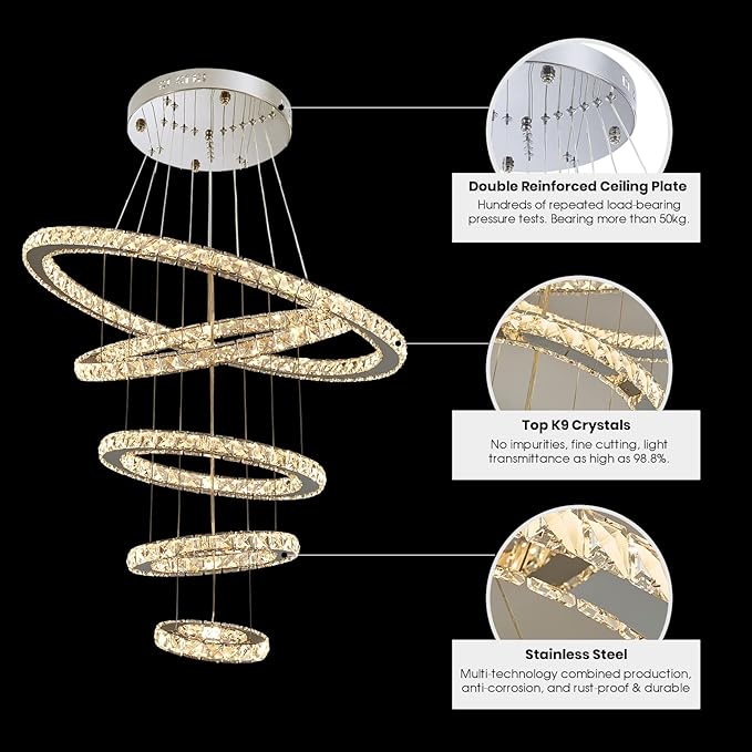 Modern Crystal Chandeliers for High Ceilings, 5 Rings Modern Led Chandelier Light Fixture 3 Colors Adjustable, Gold Chandelier for Foyer Dining Room Bedroom Living Room Staircase, D8"-12"-16"-20"-24"