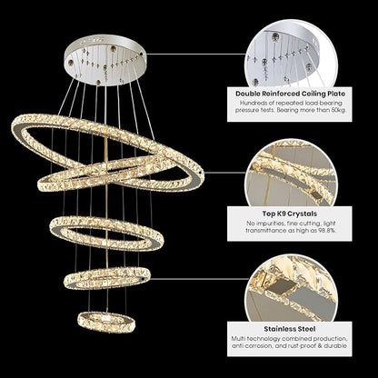 Modern Crystal Chandeliers for High Ceilings, 5 Rings Modern Led Chandelier Light Fixture 3 Colors Adjustable, Gold Chandelier for Foyer Dining Room Bedroom Living Room Staircase, D8"-12"-16"-20"-24"