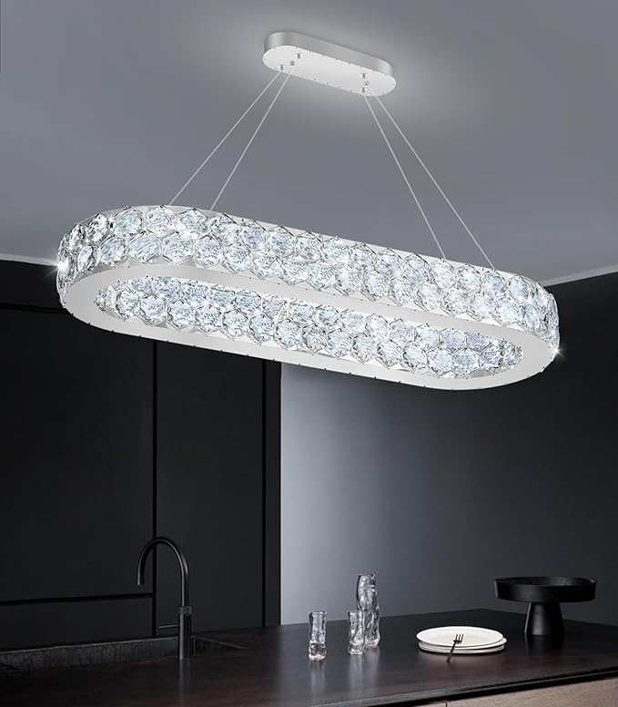 32'' Modern Oval Chandelier Crystal Chandeliers for Dining Room Round Ceiling Light Fixture for Living Room Lighting LED Dimmable with Remote Ring Lights Silver
