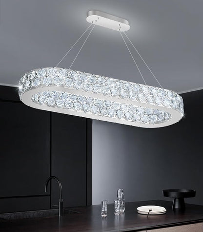 32'' Modern Oval Chandelier Crystal Chandeliers for Dining Room Round Ceiling Light Fixture for Living Room Lighting LED Dimmable with Remote Ring Lights Silver