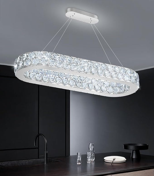 32'' Modern Oval Chandelier Crystal Chandeliers for Dining Room Round Ceiling Light Fixture for Living Room Lighting LED Dimmable with Remote Ring Lights Silver