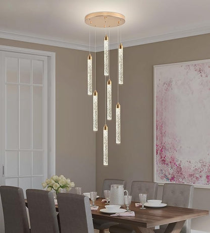 Crystal Staircase Chandelier, Modern Gold Spiral Dimmable LED Cluster Raindrop Foyer Chandelier Lighting, Bubble Living Room Hanging Light Fixture 7 Light Remote Control