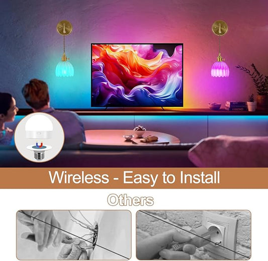 Vintage Battery Operated Wall Sconces Sets Of Two, Indoor not Hardwired Milky White Tulip Glass Lampshade Fixtures, Rechargeable Wireless RGB Wall Lights with Dimmable Remote, for Bedroom Living Room