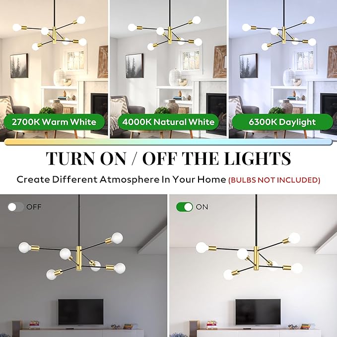 Modern Sputnik Chandeliers for Dining Room, Height Adjustable Semi Flush Black and Gold Chandelier Ceiling Mount Light Fixture 6-Light Mid Century for Living Room, Kitchen Island, Bedroom