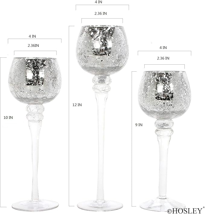 Hosley Set of 3 Crackle Metallic Glass Tealight Holders 12 Inch, 10 Inch, 9 Inch Elegant Home Decor for Ambient Lighting and Stylish Centerpieces and Gift