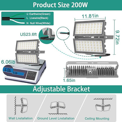 200W LED Flood Lights Outdoor,26000Lumen 6500K Super Bright Stadium Lights,Surge 6KV Outdoor LED Flood Light，IP67 Waterproof for Stadium Yard Garden