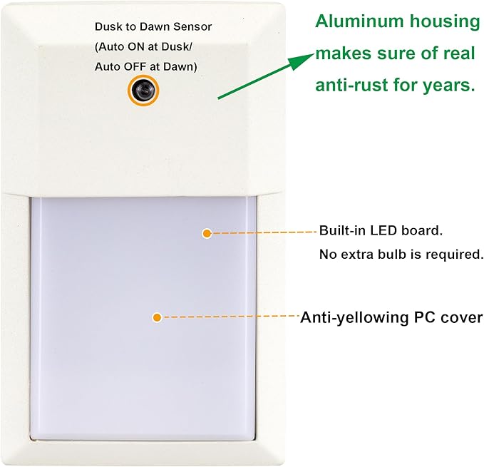LIT-PaTH Dusk to Dawn Outdoor Wall Lantern, LED Wall Sconce for Porch Lighting Fixture, 12W 1000 Lumens, Aluminum Housing Plus PC, 2-Pack, 5000K-White Finish