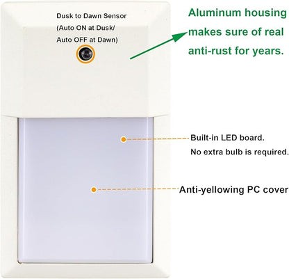 LIT-PaTH Dusk to Dawn Outdoor Wall Lantern, LED Wall Sconce for Porch Lighting Fixture, 12W 1000 Lumens, Aluminum Housing Plus PC, 2-Pack, 5000K-White Finish