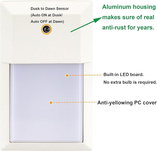LIT-PaTH Dusk to Dawn Outdoor Wall Lantern, LED Wall Sconce for Porch Lighting Fixture, 12W 1000 Lumens, Aluminum Housing Plus PC, 2-Pack, 5000K-White Finish