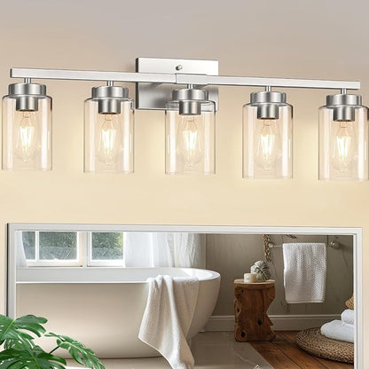 IZORRO Modern Bathroom Light Fixtures, 5 Light Brushed Nickel Vanity Lights, Bathroom Lighting Fixtures Over Mirror with Clear Glass for Living Room Cabinet Bedroom