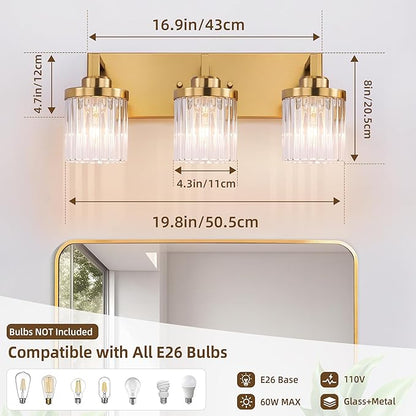 Modern Crystal Bathroom Light Fixtures, 3 Light Gold Vanity Lights, with Crystal Glass Shade, Industrial Bathroom Lighting Fixtures Over Mirror Wall Light for Bedroom Living Room