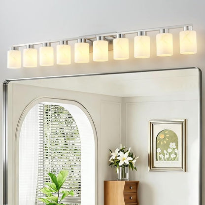 10-Light Bathroom Light Fixtures, Modern Vanity Lights, Brushed Nickel Metal Wall Lamp with White Marble Glass for Bathroom, Mirror, Living Room, Bedroom, Cabinet, Porch, Hallway, E26 Base