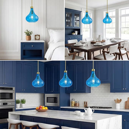 Modern Glass Pendant Light 9.44 in Blue Glass Shade Gold Farmhouse Island Pendant Lights for Kitchen Pendant Lighting Over Sink Bedroom Dining Room
