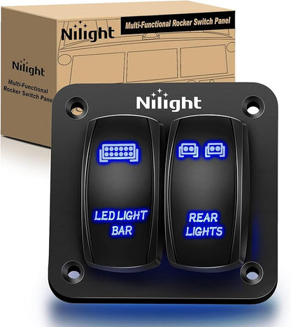 Nilight 90104B 2Gang Aluminum Laser Rear LED Light Bar Rocker 12/24V 5Pin ON/Off Pre-Wired Toggle Switch Panel for Marine Boat Car ATV UTV,2 Years Warranty Blue