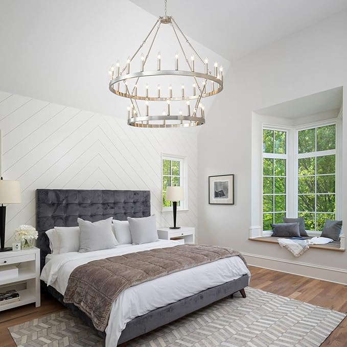 HHR 2 Tier Wagon Wheel Chandelier 36-Light 48 Inch, Extra Large Nickel Round Rustic Candle Farmhouse Pendant Light Fixture for High Ceilings, Dining Room Living Room Office E12
