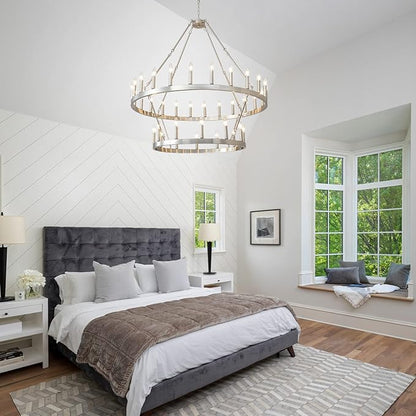 HHR 2 Tier Wagon Wheel Chandelier 36-Light 48 Inch, Extra Large Nickel Round Rustic Candle Farmhouse Pendant Light Fixture for High Ceilings, Dining Room Living Room Office E12