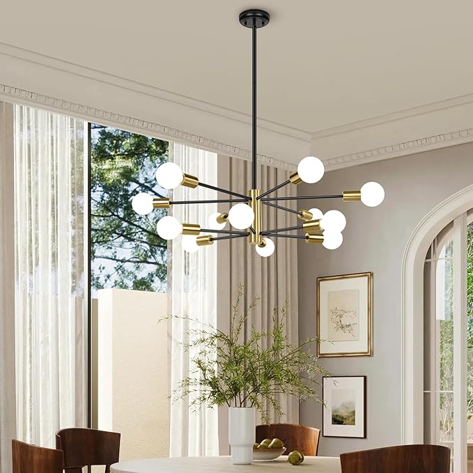 BesLowe 31'' 12-Light Modern Sputnik Chandelier, Mid Century Black & Gold Chandeliers Lighting, Farmhouse Ceiling Hanging Light Fixture for Dining Room Bedroom Room Kitchen Foyer, Height Adjustable