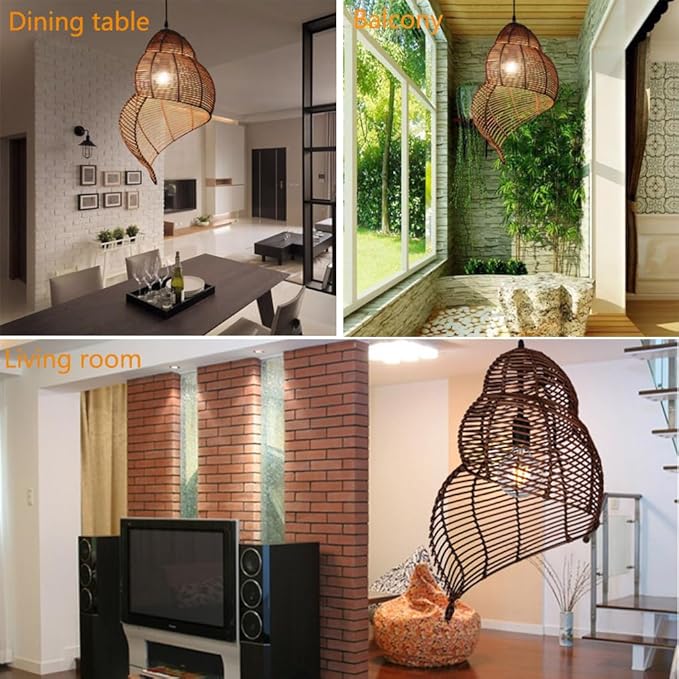 Retro Conch Pendant Lamp Hand Woven Ceiling Lighting Weave Bamboo Rattan E26 Hanging Light Fixture Retro Japanese Wicker Lamp Shade for Bedroom Restaurant Cafe Brown