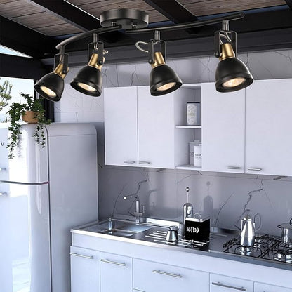 4 Light Track Lighting Kit, Matt Black Brass Finish 4 Way Adjustable with Moden Flush Mount Ceiling Spotlight for Kitchen,Dining,Living Room,Home Improvement