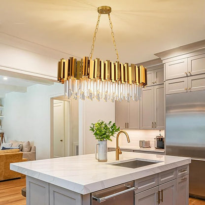 Crystal Chandeliers for Dining Room,Gold Chandeliers Modern Crystal Chandelier Pendant Light Fixture 8 Lights Contemporary Large Hanging Ceiling Light Fixtures for Living Room Kitchen Island L32"