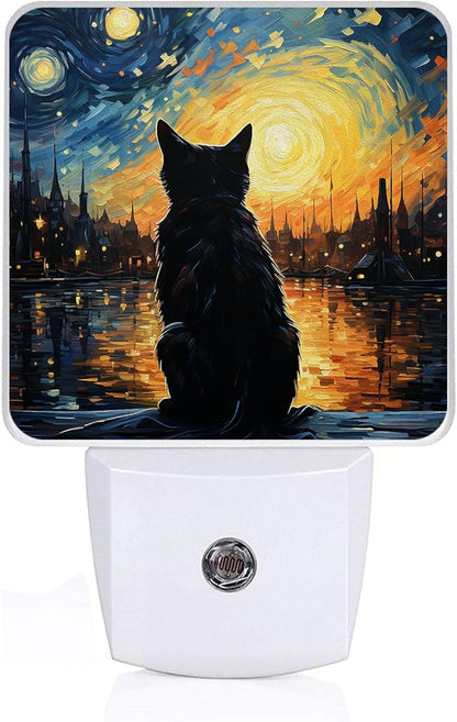 Lonely Cat Night Light, Plug-into Starry Night Nightlight White LED Lamp, Energy Efficient Decor Desk Lamp for Bedroom Hallway Stairs Bathroom