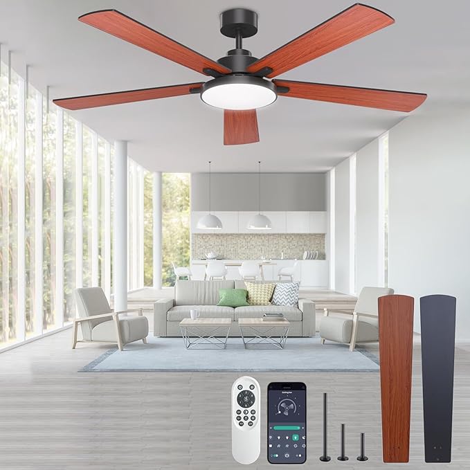 DIAMONDFORGE Ceiling Fans with Lights and Remote Control,Indoor/Outdoor Flush Mount Low Profile Commercial Reversible Dimmable Wood Grain Ceiling Fans for Living Room Patio Industrial Shop, 62 inch