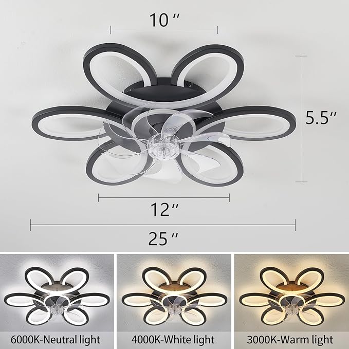 Black-Star Ring Ceiling Fans with Lights and Remote, 27 Inch Modern Low Profile Flush Mount Ceiling Fan, Dimmable LED Ceiling Light Fixture, Small Ceiling Fans for Bedroom, Kitchen, Indoor-Black
