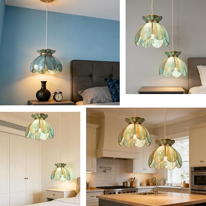 Brass Glass Ceiling Pendant Light, Hanging Chain lamp, with Vintage Lotus Flower Glass Shade for Kitchen Island Dining Room Bedroom Living Room-12 Stained Glass Shade