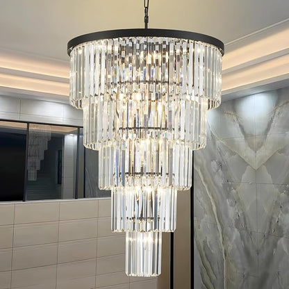 Crystal Chandelier, 35.5-inch Height, 5-Tier Modern Black, Round Light Fixture for Entryway