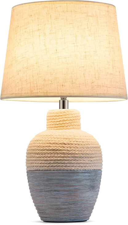 UMEXUS 13" Small Cordless Rechargeable Table Lamp, Ceramic, Remote Control Timer, Dimmer, RGB, Battery Operated, Warm Light Rustic Farmhouse Lamp for Kitchen Living Room Nightstand, Beige & Blue-Gray