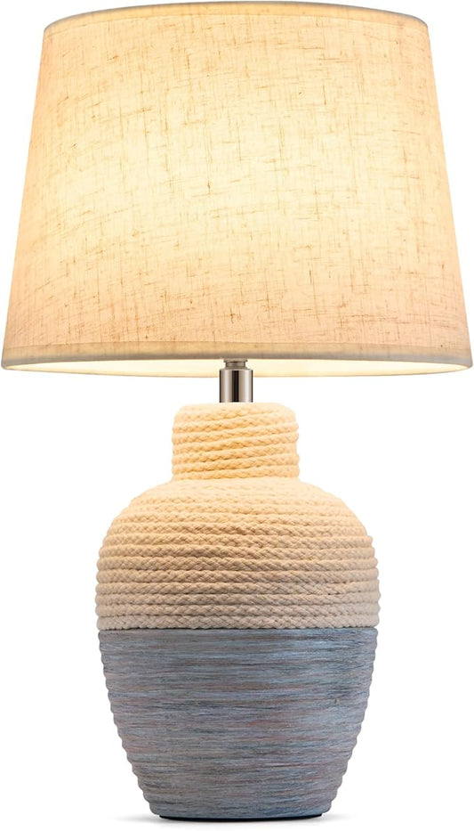 UMEXUS 13" Small Cordless Rechargeable Table Lamp, Ceramic, Remote Control Timer, Dimmer, RGB, Battery Operated, Warm Light Rustic Farmhouse Lamp for Kitchen Living Room Nightstand, Beige & Blue-Gray