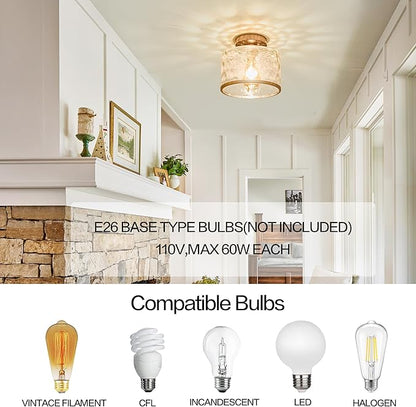 Zlepmlla Modern Semi Flush Mount Ceiling Light with Industrial Clear Hammered Glass Lampshade, Farmhouse Ceiling Lights fixtures in Satin Nickel for Hallway Kitchen Bathroom Bedroom