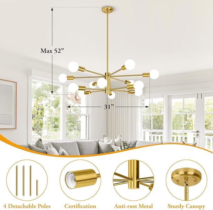 BesLowe 31'' 12-Light Modern Sputnik Chandelier, Mid Century Gold Chandeliers Lighting, Farmhouse Ceiling Hanging Light Fixture for Dining Room Bedroom Living Room Kitchen Foyer, Height Adjustable