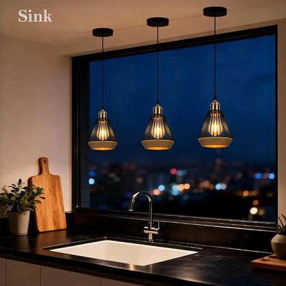 ropelux Pendant Lights Kitchen Island, Modern Kitchen Island Lighting, Adjustable Height Farmhouse Black Gold Brass Hanging Light Fixture for Living Room Sink Dining Room Bedroom- 2 Pcs