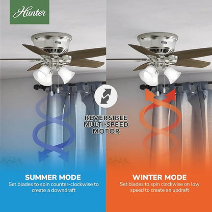 Hunter 42 inch Indoor Ceiling Fan with LED Lights - Ceiling Fan with Pull Chain, For Bedroom, Living Room, or Kitchen, Low Profile Flush Mount, No Remote, 5 Blades - Builder 51092, Brushed Nickel