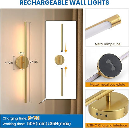 NIORSUN 27.6 Inch Battery Operated Wall Sconce Set of 2, Gold Round Base Rechargeable Wall Lights with Remote, 3CCT Dimmable Wireless Wall Sconces for Living Room Bedroom Hallway