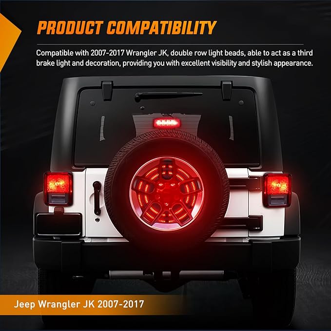 Nilight Spare Tire Brake Light Red Double Row LED Ring 3rd Third Stop Rear Wheel Lights Plug and Play Fit for 2007-2017 Jeep Wrangler JK JKU