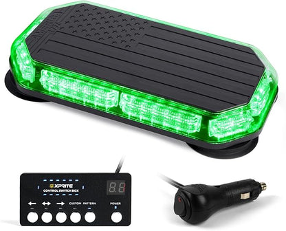 Xprite Green Rooftop Emergency Strobe Light Bar, US Flag Beacon Safety Flashing Warnin Lights w/Control Panel Magnetic Base for Construction Trucks Plows Postal Security Cars