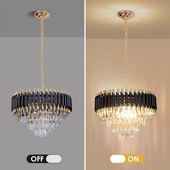FRIXCHUR Modern Crystal Chandelier 20" Black Flush Mount Led Crystal Ceiling Light 4 Tiers Raindrop Crystal Pendant Light Led Chandelier for Bedroom Dining Room Entryway E12*7(Exclud Bulbs)