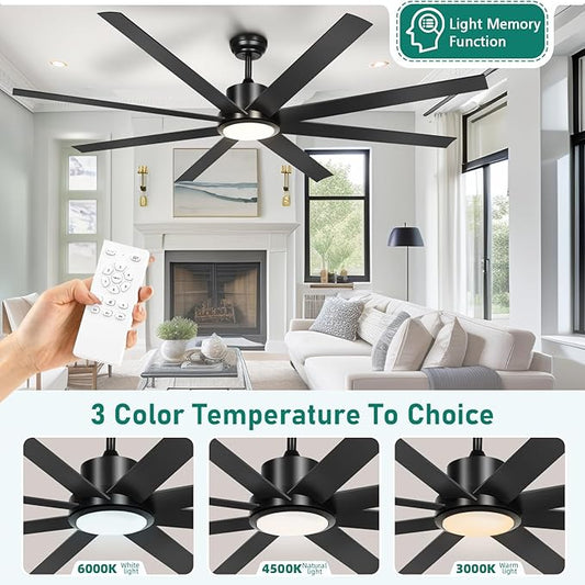 YITAHOME 72 Inch Ceiling Fans with Lights and Remote Control for Home, Reversible Quiet DC Motor, 8 Blades with 6 Speed, Modern Black Ceiling Fans for Living Room