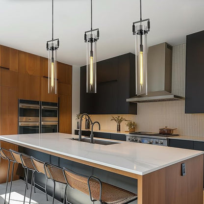 21.6'' Black Pendant Lights Kitchen Island, Modern Large Kitchen Pendant Lighting Over Island,Long Glass Pendant Light Fixtures for Dinning Room Bedroom Bathroom