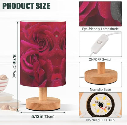 Table Lamp Black Rose in Red Roses Flower with Water Drops Valentines Day Nightstand Lamp with Wood Base Fabric Lamp Shade Bedside Desk Lamp for Living Room Bedroom Kids Room Office