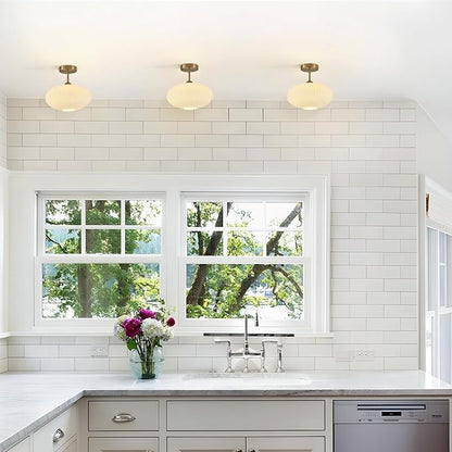 Ribbed Milk Glass Flush Mount Ceiling Light Mid Century Modern Entry Light Fixture White Semi Flush Mount Lights Gold Globe Hallway Ceiling Light (2 Pack)