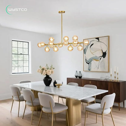 16-Light Globe Sputnik Chandelier, Linear Dining Room Light Fixture Over Table, Mid Century Modern Gold Chandeliers for Dining Living Room, Kitchen Island Lighting (Amber Bubble, 40 Inch)