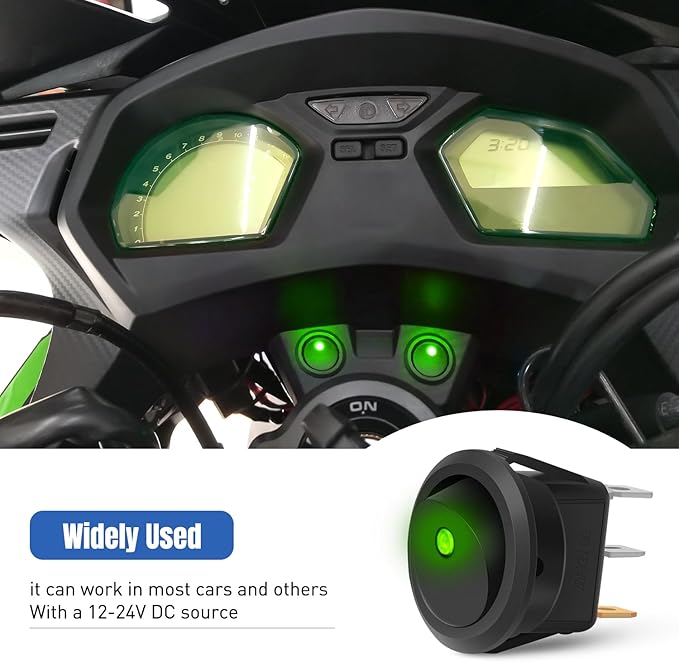 Nilight 12PCS Round Rocker Switches 12V 24V 20A Green LED Toggle swtiches SPST 3 Pin 2 Position for Car Truck Vehicle Boat Marine Rocker On Off Control