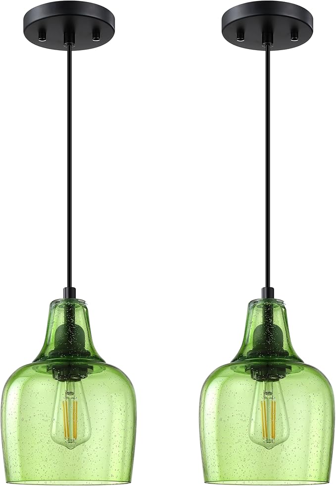 2 Pack 1 Light Indoor Hanging Kitchen Island Pendant Ceiling Light 6.1" Green Glass Fixture,Black Finish for Farmhouse Over Sink Bedroom Hallway
